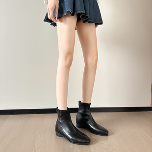 真皮~内增高5cm短靴女小个子粗跟方头秋冬加绒新款及踝靴瘦瘦靴子