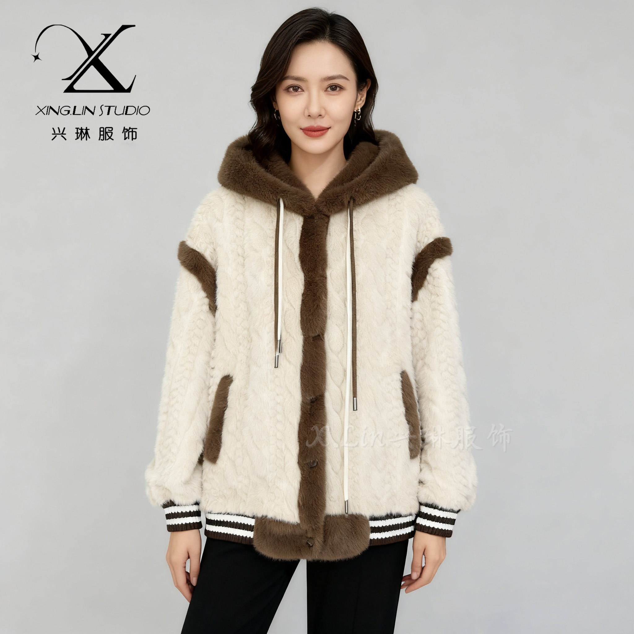 秋冬休闲连帽简约显瘦舒适双拼色麻花防寒雪兰貂修身保暖高端外套