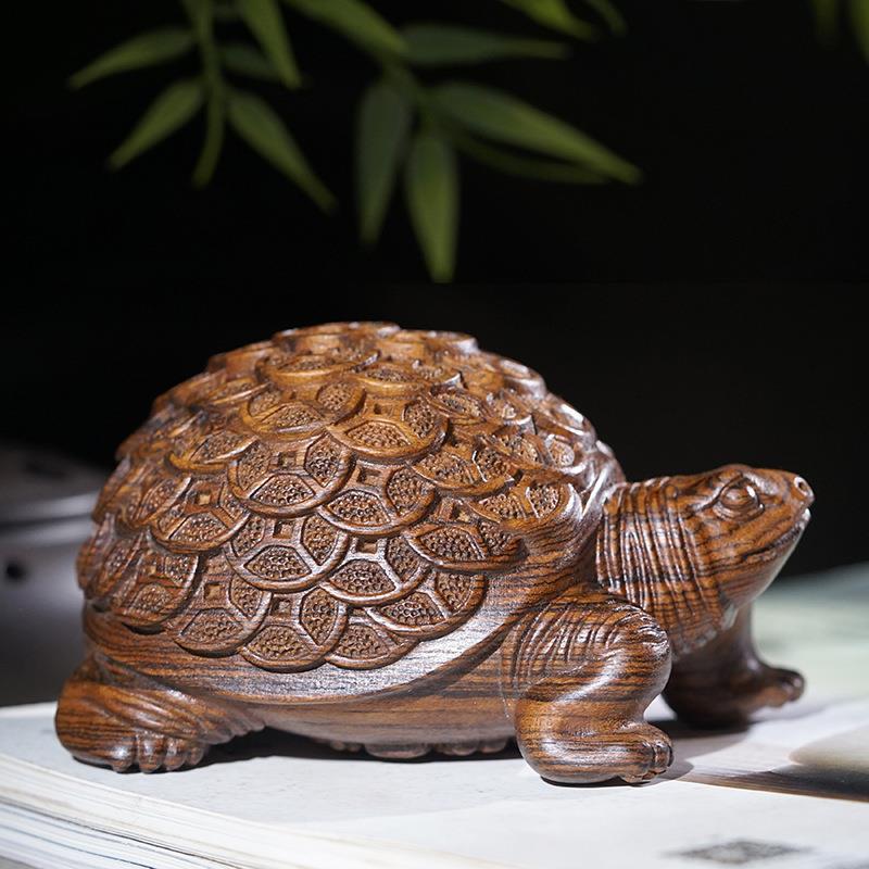 虎皮檀木雕金钱龟摆件文玩木作摆饰茶桌茶宠实木家居客厅工艺品