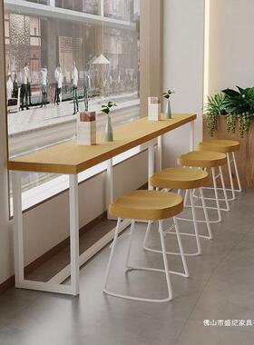 简约实木便利店超市餐桌椅组合原木风小吃餐厅白色靠墙长条吧台桌