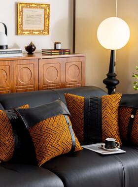 新款橙色皮革系沙发抱枕套多工艺黑色办公室靠枕酒店别墅床头靠垫