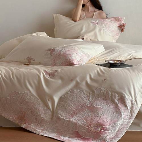 A类轻奢花卉100S长绒棉纯棉四件套少女复古新款全棉被套床上用品
