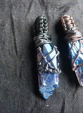 丑石 天然不规则不平整电镀白水晶柱编织南美异域风半网兜石吊坠