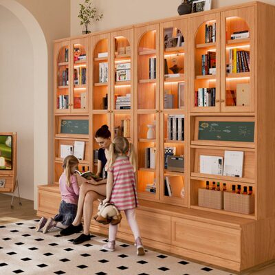 实木卡座书柜一体整墙客厅展示柜樱桃木组合家用储物柜带玻璃落地