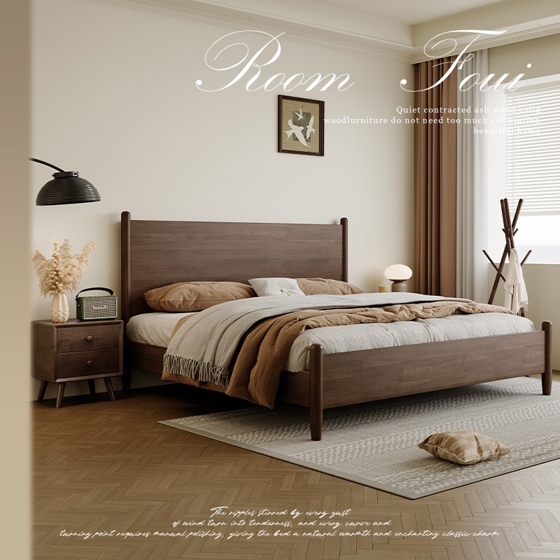 中古风床主卧室2j025新款床1米8双人床胡桃木色实木床2米x2米2大