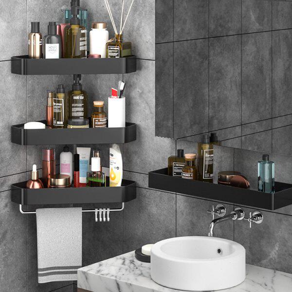黑色卫生间置物架壁挂免打孔浴室毛巾厕所转角墙上三角冲凉房收纳