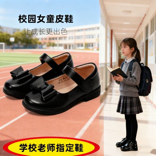 女童黑色皮鞋公主鞋中大童演出鞋