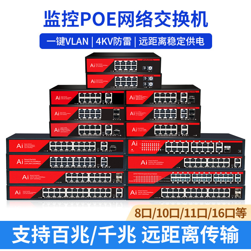 POE交换机千兆百兆标准24口16口10路9口8口光纤网线供电全新非标监控无线AP兼容支持高功率摄像头