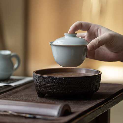 观岚汝窑手抓二才盖碗开片可养小号防烫泡茶碗复古冰裂釉单个陶瓷