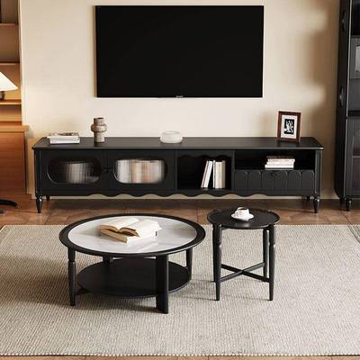 法式实木圆形岩板茶几中古风家用简约小户型客厅复古玻璃组合茶桌