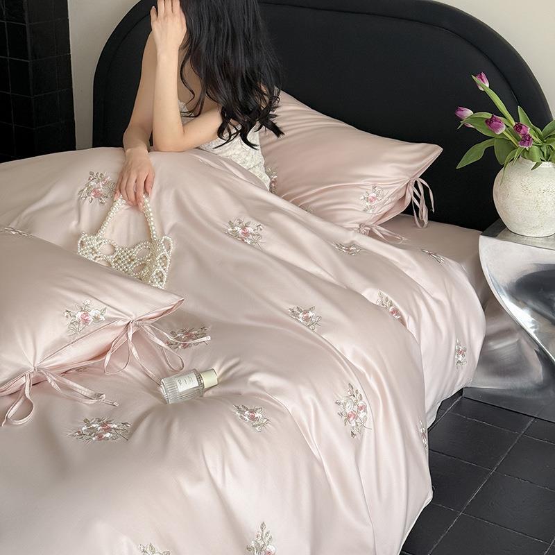粉色少女心100S长绒棉公主风全棉四件套 刺绣玫瑰花纯棉床上用品