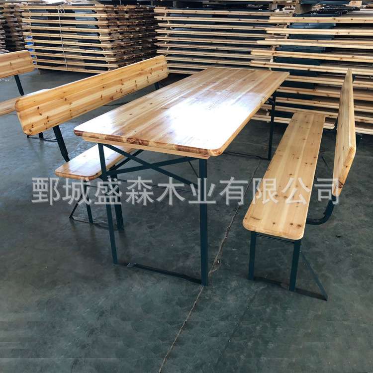 木质户外休闲啤酒桌椅 实木带靠背啤酒节桌庭院长条桌椅烧烤桌