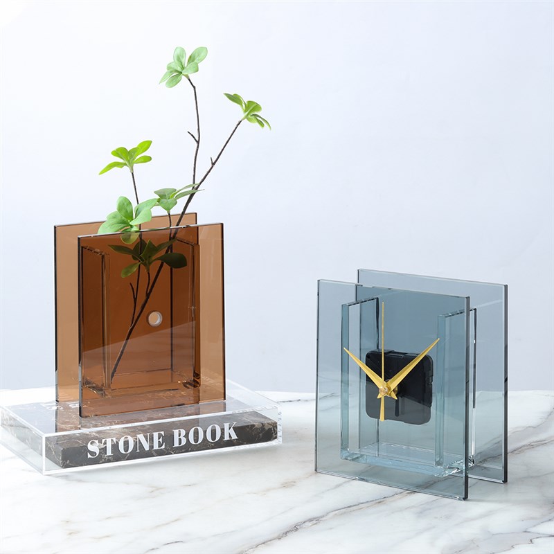 现代简约玻璃茶色蓝色透明方形时钟座钟桌面摆件V样板间软装饰品