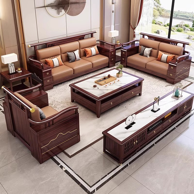 新中式乌金木真皮沙发冬夏两用大小户型别墅客厅储V物全实木质家