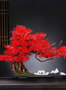 中式入门迎客松摆件仿真红崖柏盆景家居办公室桌面喜庆红色造景