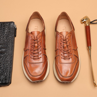 头层牛皮手工擦色英伦复古运动休闲鞋 男式 厚软底德训鞋 2026春新款