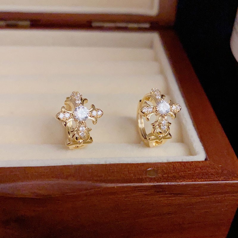 【寻光】中古满钻金色鸢r尾花十字架耳扣女复古气质高级感轻奢耳