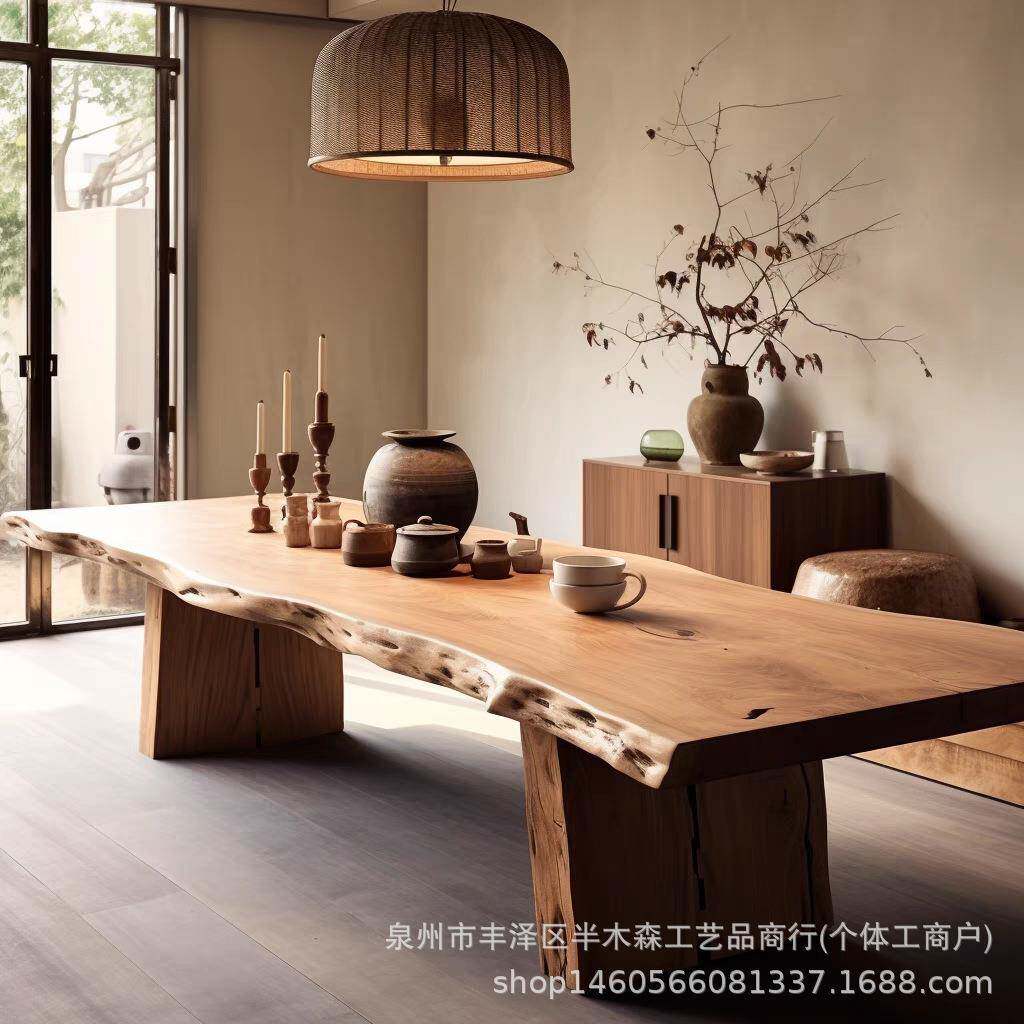 原木风板式大板桌子 实木办公室泡茶桌 整板会议桌 大板洽谈长桌