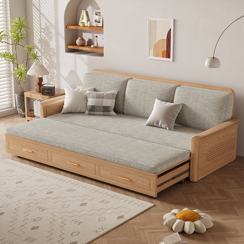 北欧白蜡木实木沙发床小户型客厅家用F沙发原木风冬夏两用沙发拉