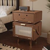 复古实木卧室床头柜中古风藤编多功能创意机器人免安装 边柜收纳柜