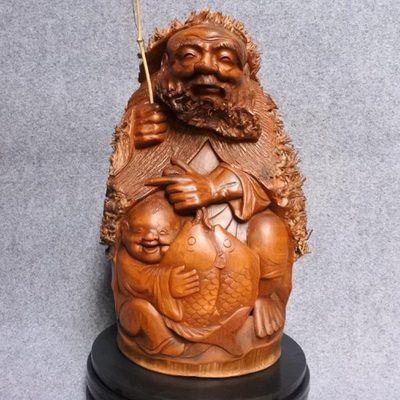 畸形竹根雕摆件【老少乐】手工雕刻中式家居摆设【渔翁】收藏品