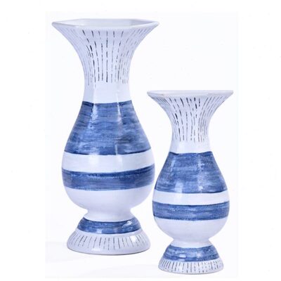 蓝白色陶瓷手工绘制弧形宽口花瓶插花摆件 欧式客厅办公室装饰品