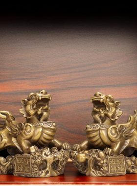 纯铜招财纳福貔貅一对黄铜皮丘家居办公室玄关吧台装饰礼品摆件