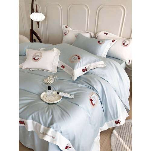 法式轻奢刺绣玫瑰100支双股澳棉四件套纯棉时尚高密刺绣被套床单