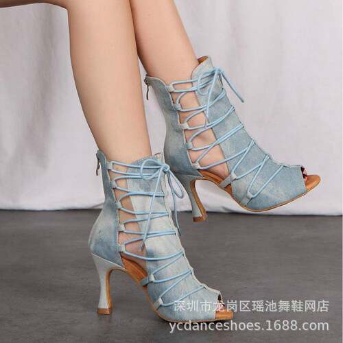 2024新款浅蓝色牛仔现代爵士舞软底拉丁伦巴中高跟女式Bachata