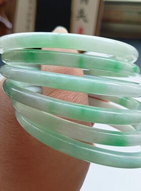 【一物一图】纯天然缅甸翡翠A货细糯种水水润白底青手镯阳绿圆条