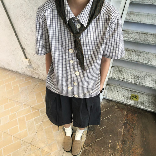 高货 日系感多扣格子短袖衬衫男女复古百搭宽松休闲翻领上衣