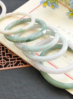 【一物一图】纯天然翡翠a货水润淡绿飘花圆条手镯55到65大圈口圆