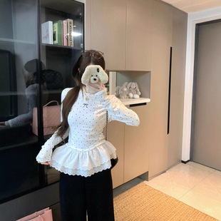 Poragomla加绒加厚白色波点蕾丝内搭打底衫女秋冬胖MM遮肉显瘦长
