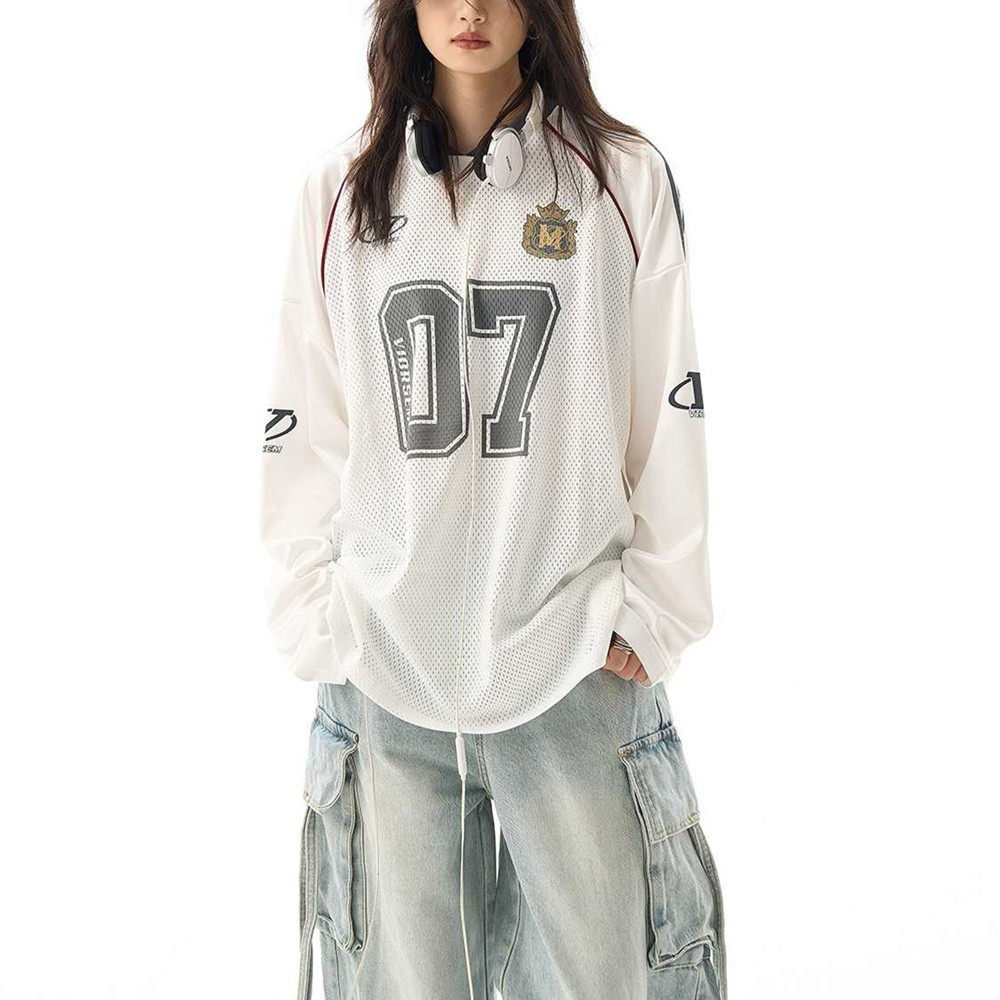 Poragomla美式复古小众设计感v领宽松百搭长袖球衣风t恤男欧美高