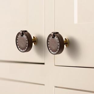 中古风柜门把手抽屉衣柜皮质门把手柜子高级感圆形单孔皮革小拉手