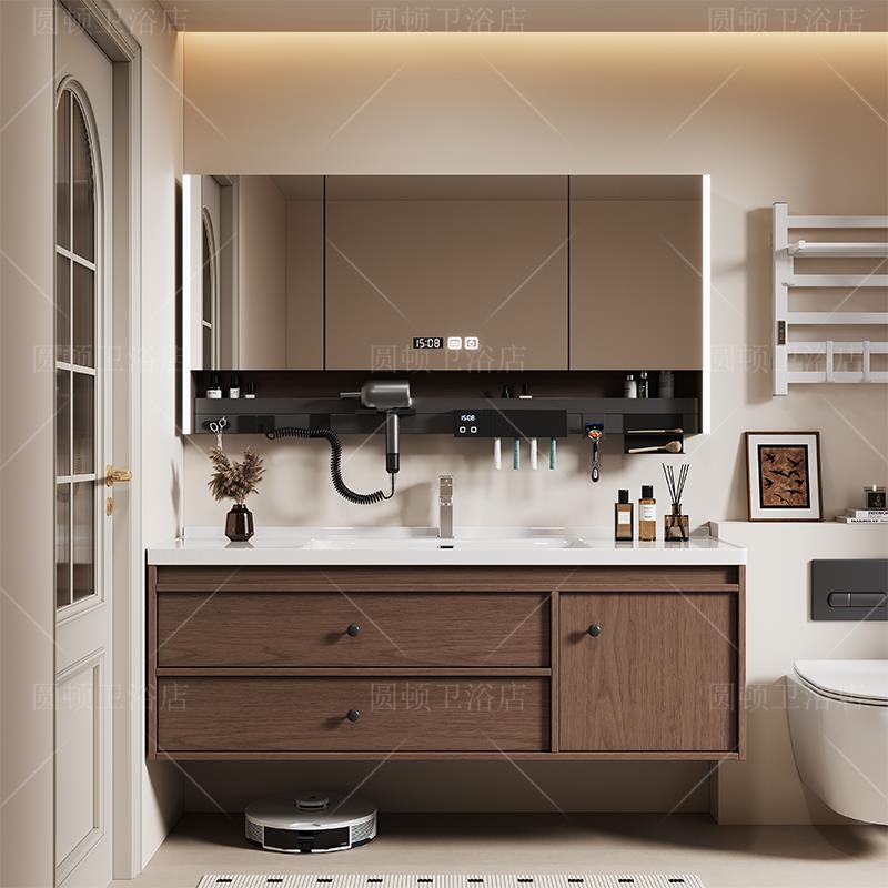 中古风新款深胡桃木色陶瓷一体盆浴室柜组合洗脸盆洗手池洗手盆柜
