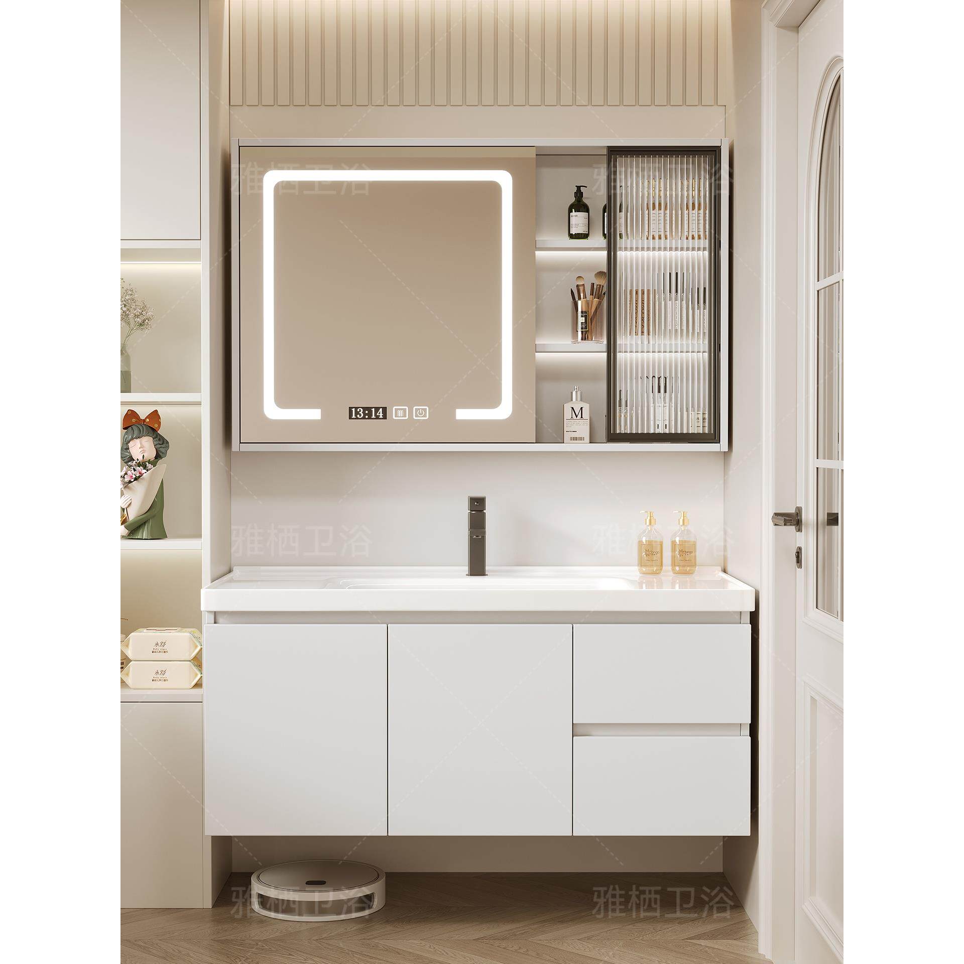 陶瓷一体现代简约浴室柜洗脸盆柜组合挂墙式智能洗漱台实木洗手盆