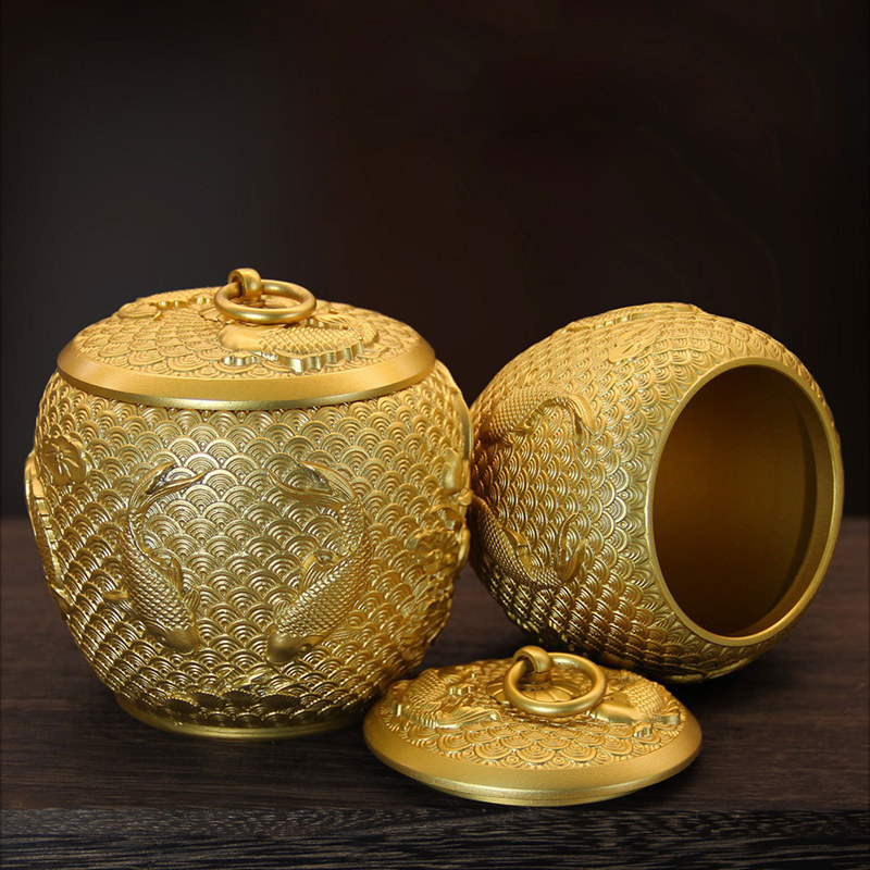 黄铜锦鲤茶叶罐储物罐高档铜罐带盖防潮密封罐烟灰缸工艺品摆件,家居饰品,国学摆件,淘宝优惠券,粉丝福利购,淘宝优惠卷