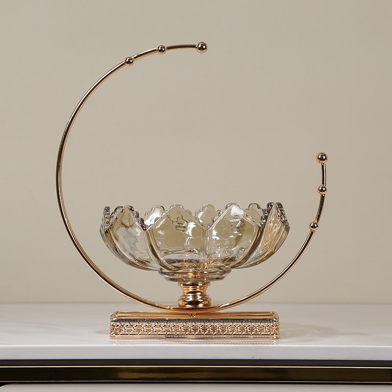 金色轻奢月亮玻璃果盘客厅茶几酒店糖果盘收纳盘装饰托Z盘甜品摆