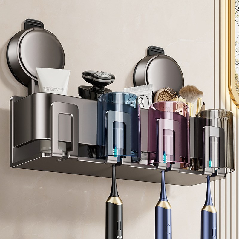 家用卫生间吸盘牙刷牙杯置物架免打孔挂墙式O洗漱台漱口杯收纳神