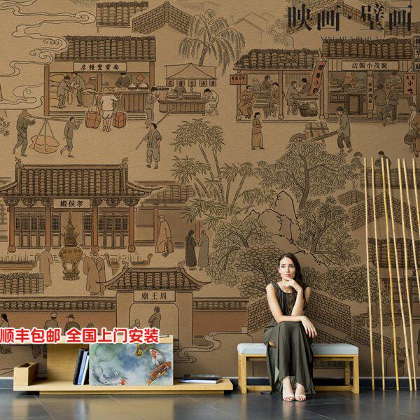 中式手绘复古民间街道闹市风景人物壁纸客厅电视背景墙纸无缝壁画