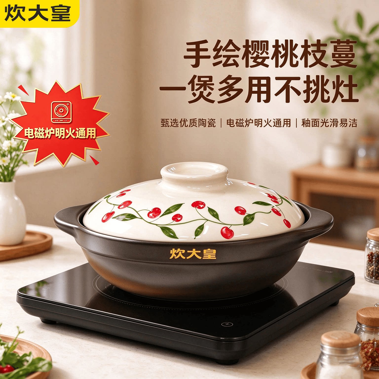 炊大皇电磁炉砂锅煲家用燃气明火通用煲仔饭耐高温干烧不易裂陶瓷
