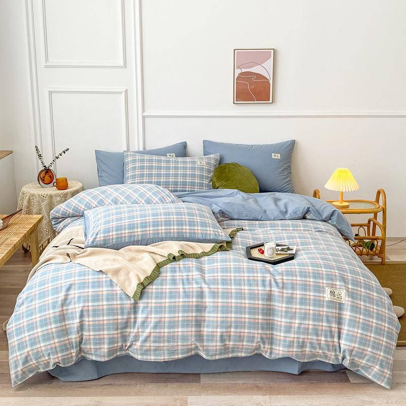 日式水洗棉四件套100纯棉a类母婴级格子床单被罩三件套春夏季