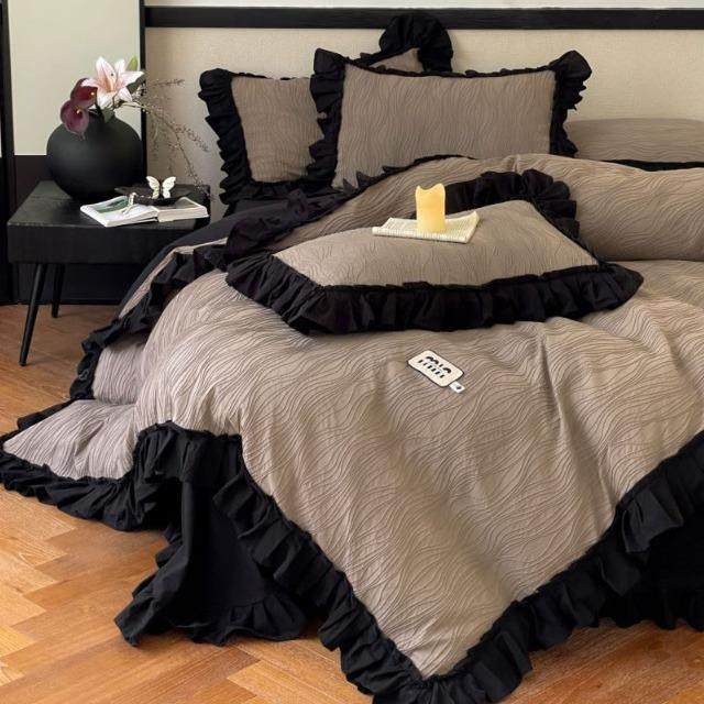 水洗棉全棉四件套法式纯棉被套床单高档春夏4件套床上用品2米花边