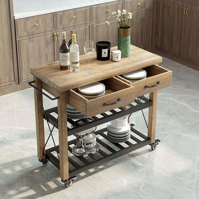 0A美式厨房中岛台家用小推车复古餐边柜开放式移动操作台实木料理