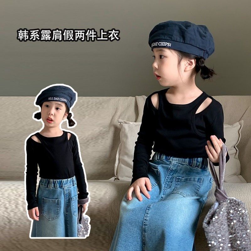 女童春装露肩长袖T恤中小童2韩版针织假两件上衣纯色弹力打底衫潮,童装/婴儿装/亲子装,T恤,淘宝优惠券,粉丝福利购,淘宝优惠卷
