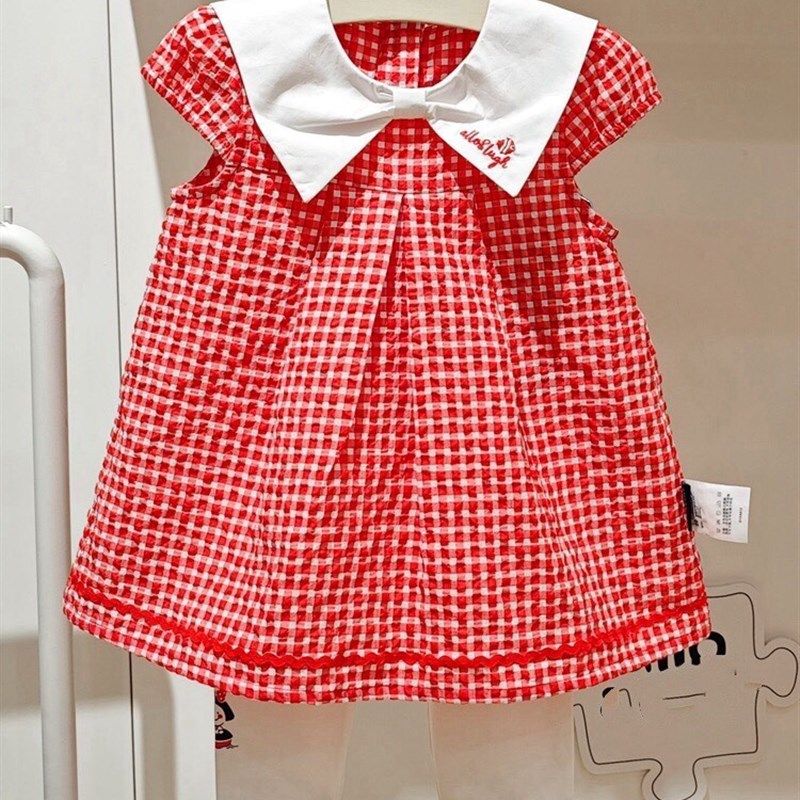 韩国童装 夏新款女童宝宝红格翻领甜美连衣裙子 白色打底裤套装,童装/婴儿装/亲子装,连衣裙,淘宝优惠券,粉丝福利购,淘宝优惠卷