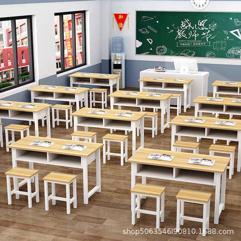 学生课桌椅双层带抽屉课桌补习班辅导单人双人三人位会议培训课桌