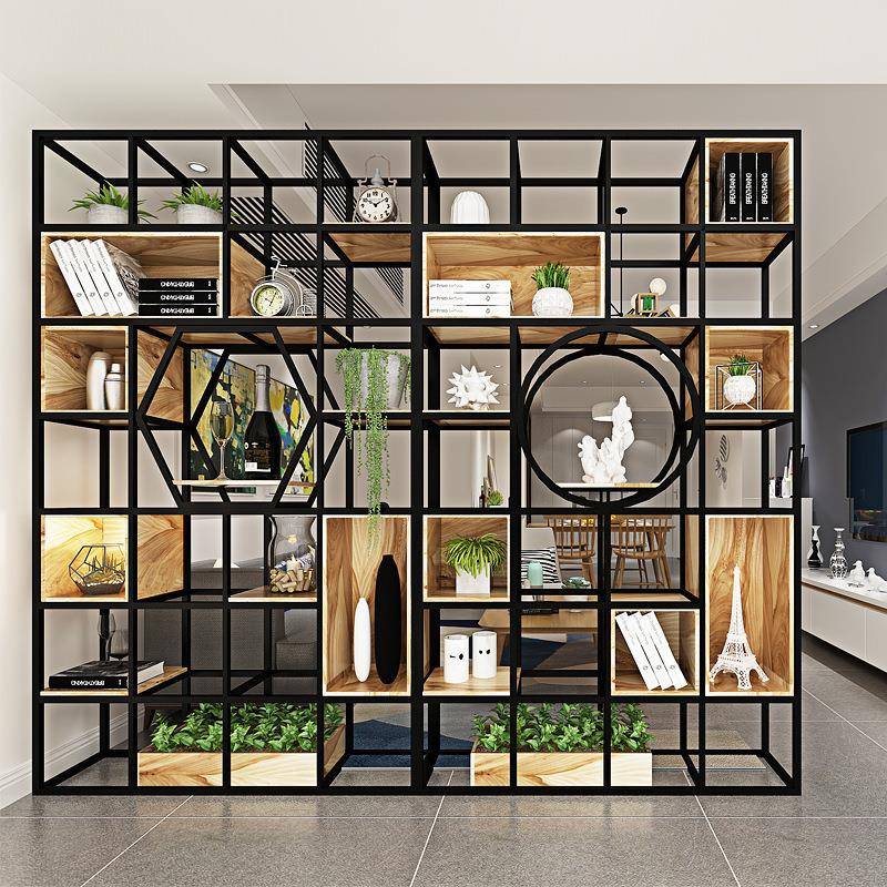 铁艺实木置物架家用客厅美式创意隔断架子办公室靠墙多层展示架