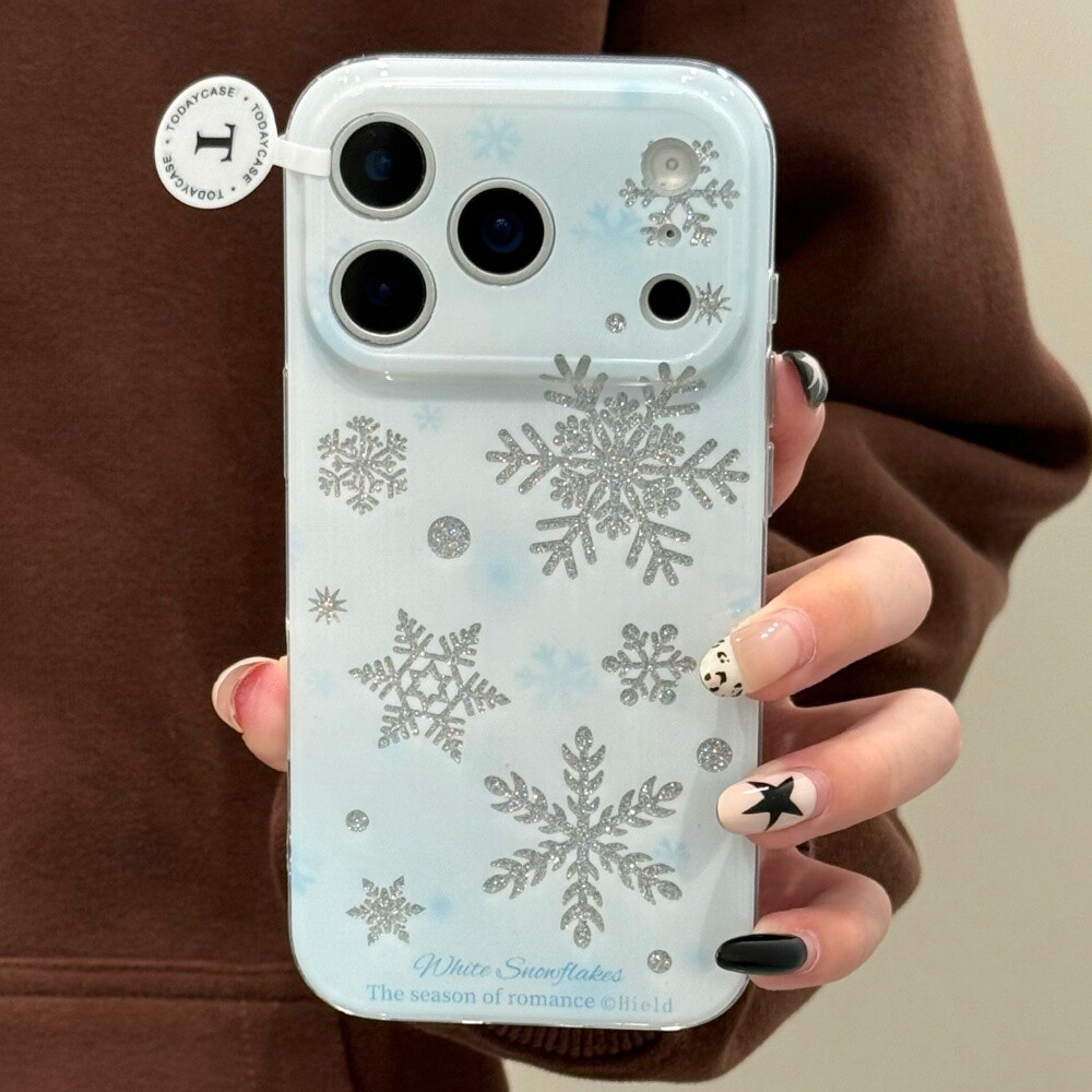 钰锴 冬日浅蓝镂空闪粉雪花适用苹果17手机壳iPhone13ProMax秋冬新款15pro防摔12女11网红14pro小众全包16pro